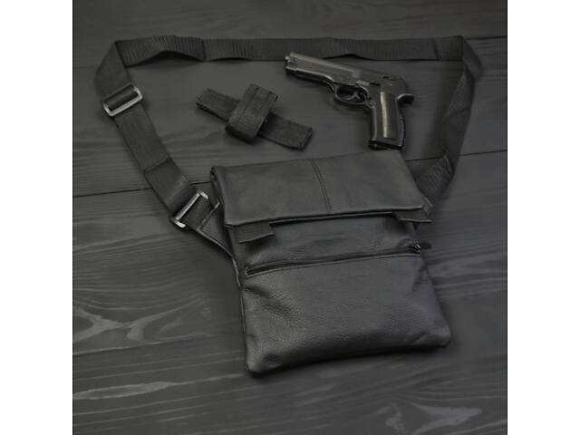 Тактическая кожаная сумка с кобурой, мужской мессенджер, барсетка - черный слинг, мужская сумка через плечо кожа - Фото 3