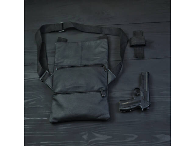 Тактическая кожаная сумка с кобурой, мужской мессенджер, барсетка - черный слинг, мужская сумка через плечо кожа - Фото 5