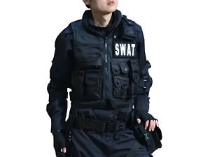 Тактичний жилет SWAT RESTEQ — чорний розвантажувальний жилет з 11 кишенями, розмір L, тканина Оксфорд, для полювання, страйкболу