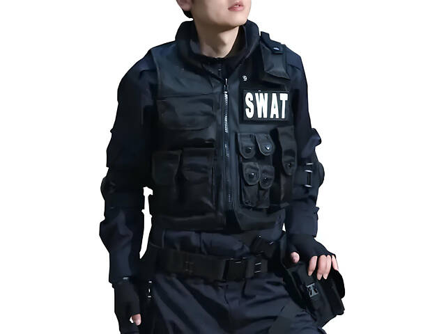 Тактичний жилет SWAT RESTEQ — чорний розвантажувальний жилет з 11 кишенями, розмір L, тканина Оксфорд, для полювання, страйкболу - Фото 1