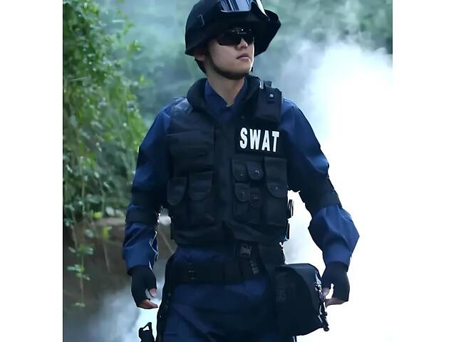 Тактичний жилет SWAT RESTEQ — чорний розвантажувальний жилет з 11 кишенями, розмір L, тканина Оксфорд, для полювання, страйкболу - Фото 3