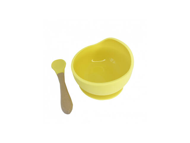 Тарелка на присоске силиконовая с ложкой желтая - Фото 1