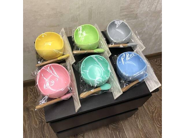 Тарелка на присоске силиконовая с ложкой желтая - Фото 2