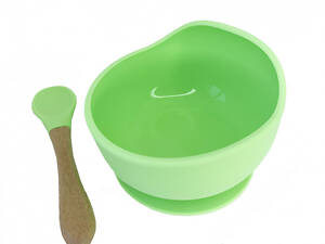 Тарелка на присоске силиконовая с ложкой зеленая