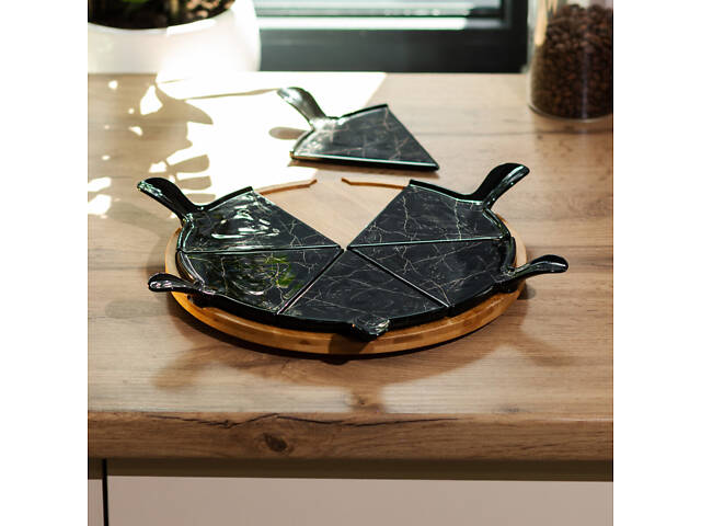 Тарелка для пиццы 28 см фарфоровая с вращающейся бамбуковой подставкой, секционная черная HP1247 - Фото 2