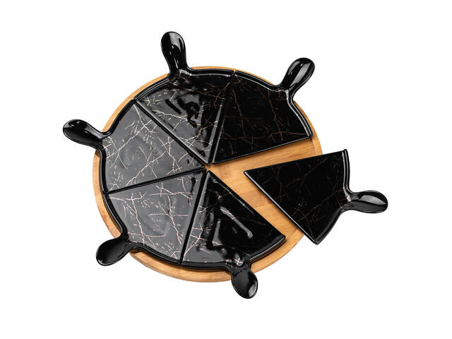 Тарелка для пиццы 28 см фарфоровая с вращающейся бамбуковой подставкой, секционная черная HP1247 - Фото 3