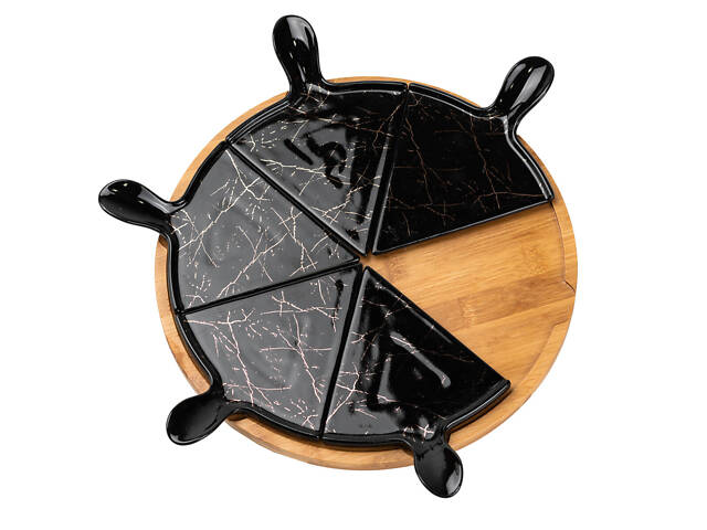 Тарелка для пиццы 28 см фарфоровая с вращающейся бамбуковой подставкой, секционная черная HP1247 - Фото 4