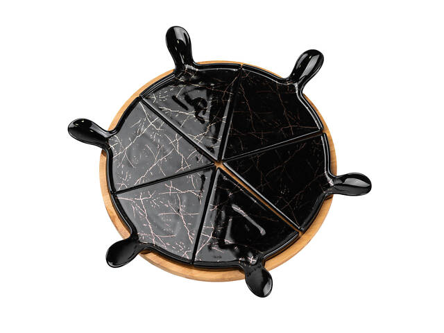 Тарелка для пиццы 28 см фарфоровая с вращающейся бамбуковой подставкой, секционная черная HP1247 - Фото 5