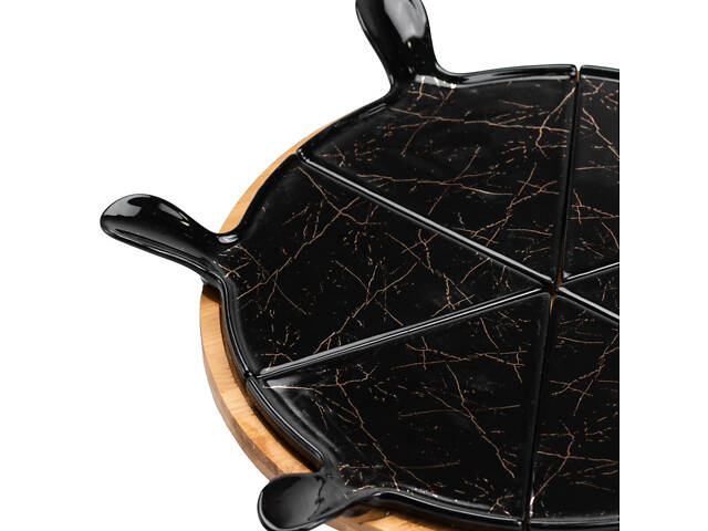 Тарелка для пиццы 28 см фарфоровая с вращающейся бамбуковой подставкой, секционная черная HP1247 - Фото 7