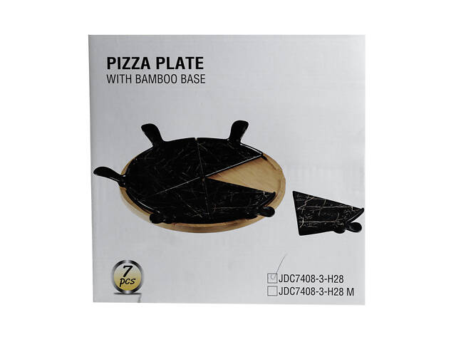 Тарелка для пиццы 28 см фарфоровая с вращающейся бамбуковой подставкой, секционная черная HP1247 - Фото 9