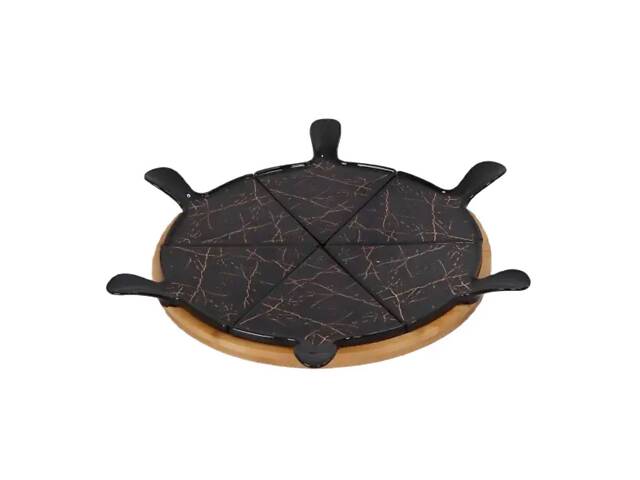 Тарелка для пиццы 28 см фарфоровая с вращающейся бамбуковой подставкой, секционная черная HP1247 - Фото 1