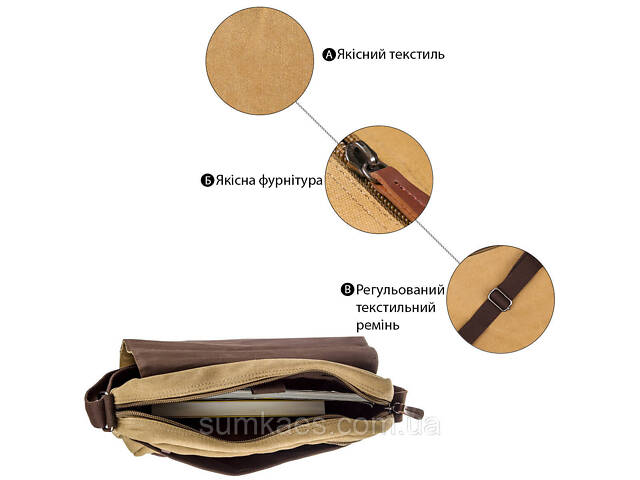 Текстильна сумка для ноутбука 13 дюймів через плече Vintage 20188 Хакі - Фото 4