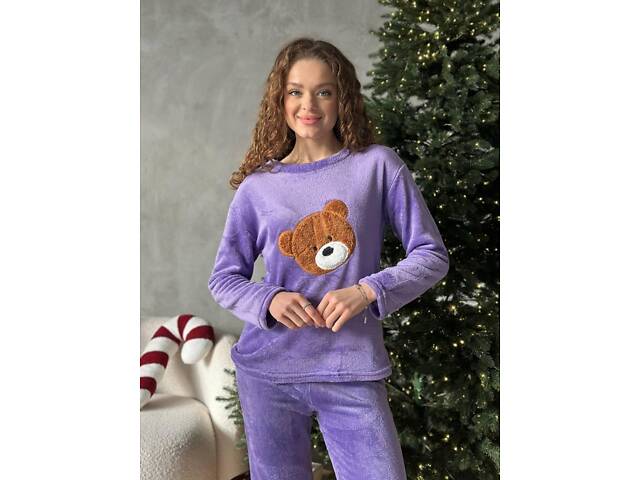Тепла махрова фіолетова піжамка з ведмедиком 2XL - Фото 1