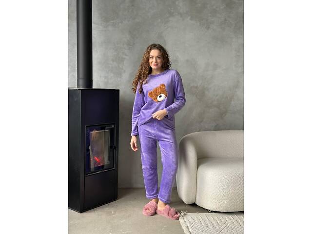 Тепла махрова фіолетова піжамка з ведмедиком 2XL - Фото 2
