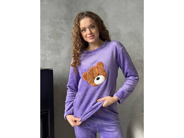 Тепла махрова фіолетова піжамка з ведмедиком 2XL - Фото 4