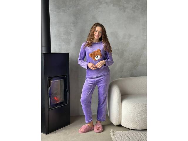 Тепла махрова фіолетова піжамка з ведмедиком 2XL - Фото 6