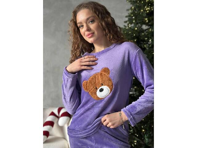 Тепла махрова фіолетова піжамка з ведмедиком L - Фото 7