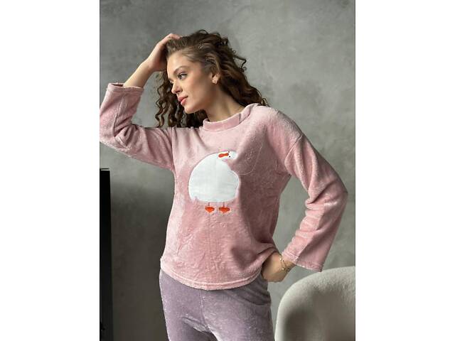 Тепла розова піжама з сірими штанами та милим принтом - Фото 2
