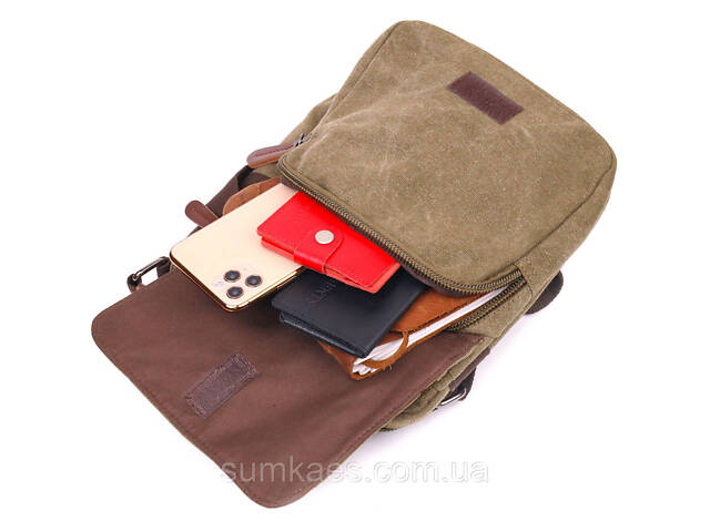 Тканинна чоловіча сумка із щільного текстилю 21227 Vintage Оливкова - Фото 6