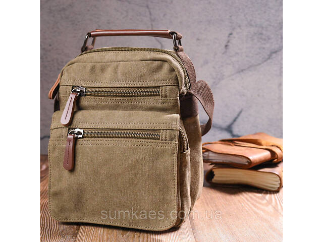 Тканинна чоловіча сумка із щільного текстилю 21227 Vintage Оливкова - Фото 7