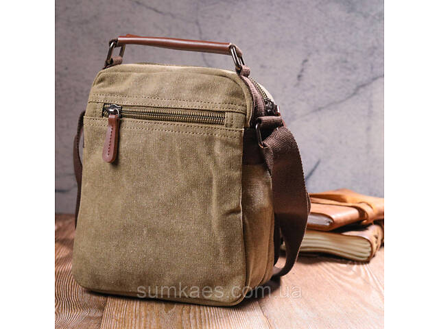 Тканинна чоловіча сумка із щільного текстилю 21227 Vintage Оливкова - Фото 8