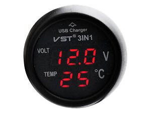 ТОП! Вольтметр с термометром + 1 USB в автомобиль VST-706-1 кр.