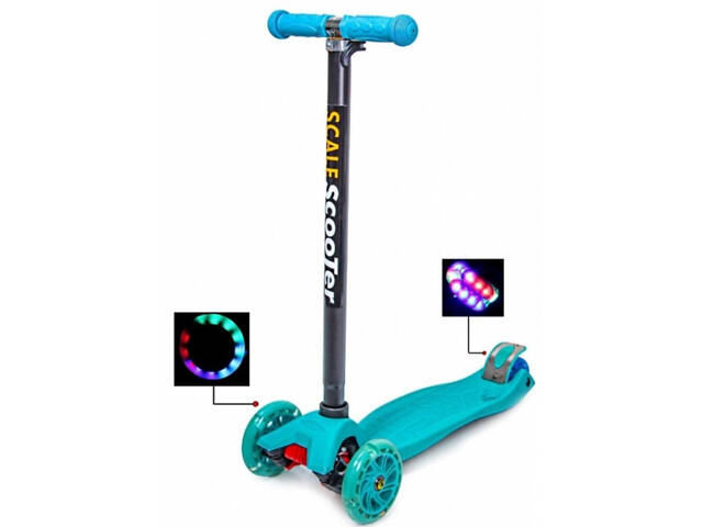 Триколісний самокат Scale Scooter Maxi до 60 кг зі світящимися колесами (Блакитний) - Фото 1