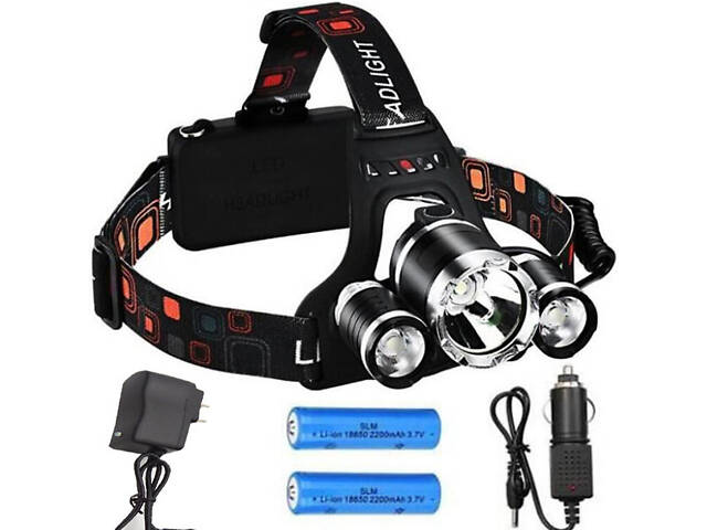 Потрійний налобний ліхтар LED Headlight на акумуляторі - потужна велофара з регулюванням кута світла - Фото 3
