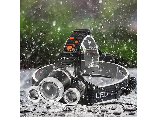 Потрійний налобний ліхтар LED Headlight на акумуляторі - потужна велофара з регулюванням кута світла - Фото 9