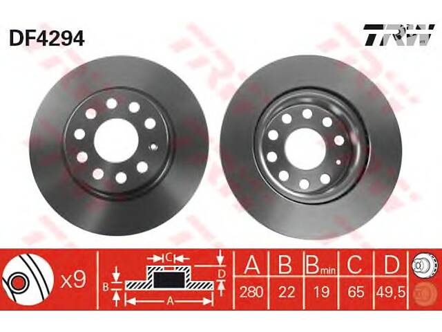 TRW DF4294. Гальмівний диск перед. Caddy III/Golf V/VI/Jetta/Octavia 04- (280x22)