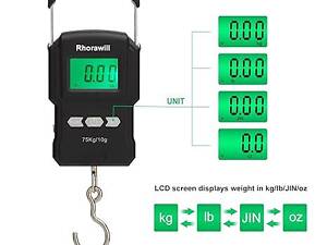 Цифрові ваги для багажу Rhorawill, 75 кг, рибальські ваги з РК-дисплеєм із підсвіткою, рулетка,
