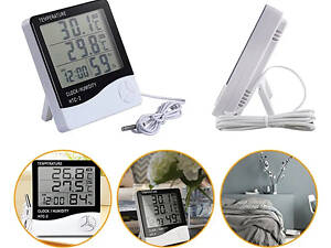 Цифровий термометр вологомір (гігрометр) термогігрометр з годинником з виносним датчиком 1.5 м для інкубатора