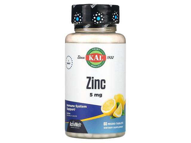 Цинк вкус лимона, Zinc, KAL, 5 мг, 60 таблеток Цинк вкус лимона, Zinc, KAL, 5 мг, 60 таблеток