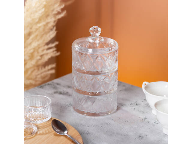 Конфетница трехъярусная стеклянная с крышкой Ø 10.5 см HP-YH-19 - Фото 5