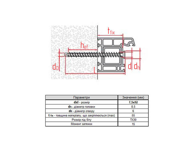 TURBO 7,5х92мм прижим 55мм анкер-гвинт цинк білий Ø8,5 циліндрична головка TX30 (25 шт.) [9011T000901750922T] Metalvis - Фото 2