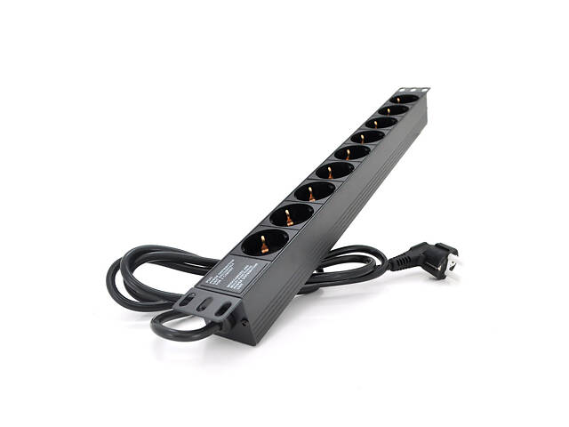 Удлинитель PiPo на 9 розеток, 220В, немецкий тип, 1U 19 ', алюминиевый корпус, черный, длина кабеля 1,8 м, Q25 - Фото 1