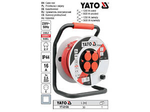 Удлинитель сетевой YATO катушка заземление кабель 3х2,5² l=30 м YT-8106