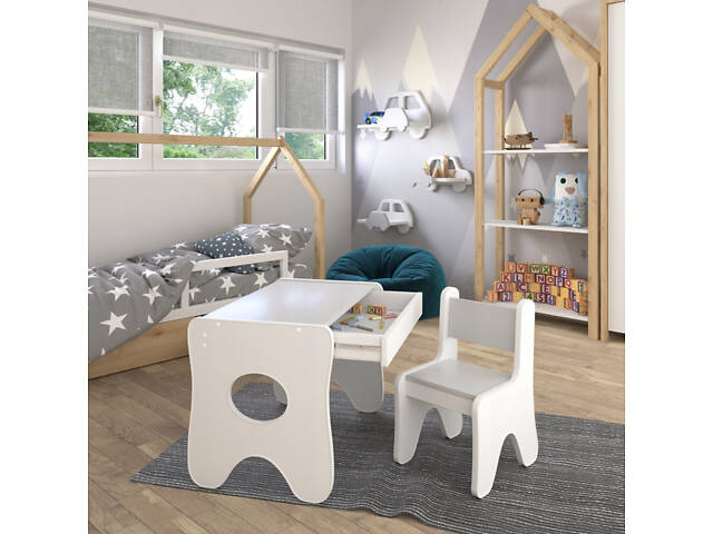 Зручний столик у дитячу кімнату 70×45×51, дитячий ігральний стіл із ящиком, білий з сірим - Фото 3