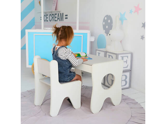 Зручний столик у дитячу кімнату 70×45×51, дитячий ігральний стіл із ящиком, білий з сірим - Фото 4