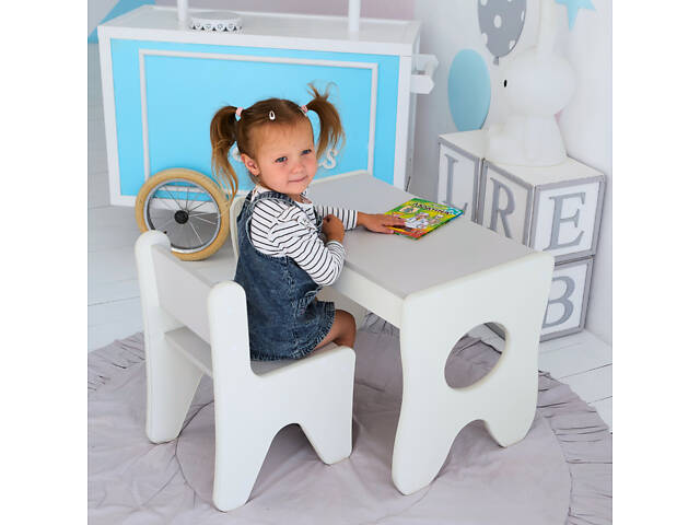 Зручний столик у дитячу кімнату 70×45×51, дитячий ігральний стіл із ящиком, білий з сірим - Фото 5