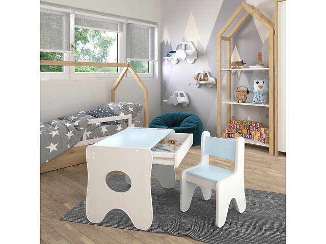 Зручний столик у дитячу кімнату 70×45×51, дитячий ігральний стіл із ящиком, білий з блакитним - Фото 3