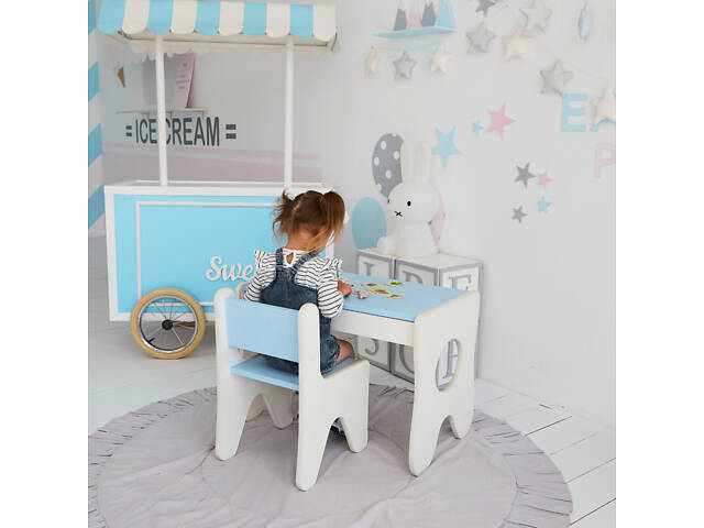 Зручний столик у дитячу кімнату 70×45×51, дитячий ігральний стіл із ящиком, білий з блакитним - Фото 4