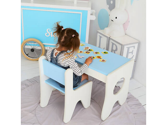 Зручний столик у дитячу кімнату 70×45×51, дитячий ігральний стіл із ящиком, білий з блакитним - Фото 5