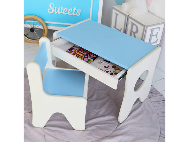 Зручний столик у дитячу кімнату 70×45×51, дитячий ігральний стіл із ящиком, білий з блакитним - Фото 6