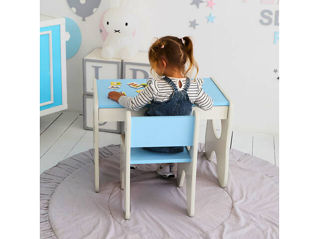 Зручний столик у дитячу кімнату 70×45×51, дитячий ігральний стіл із ящиком, білий з блакитним - Фото 7