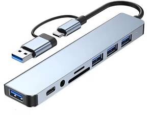 USB хаб 8 в 1 високошвидкісний концентратор Type-C Сірий