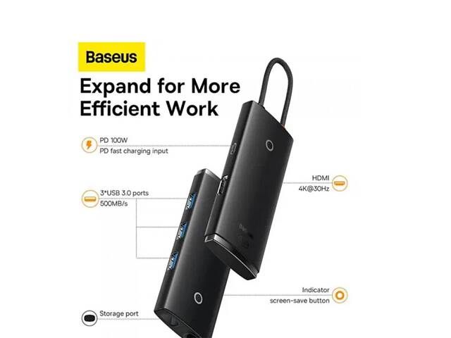 USB-хаб Baseus Lite Series 5-Port Type-C HUB Docking Station (Type-C to HDMI+USB3.0*3+PD) Black yL. - Фото 5