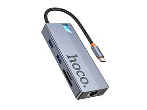 USB-хаб HOCO HB52 Wow 8-in-1 multi-function converter (HDTV+RJ45+SD/TF+PD+Type-C3.0+USB3.0*2) Deep Space Gray