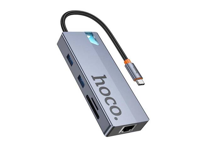 USB-хаб HOCO HB52 Wow 8-in-1 multi-function converter (HDTV+RJ45+SD/TF+PD+Type-C3.0+USB3.0*2) Deep Space Gray yL. - Фото 1
