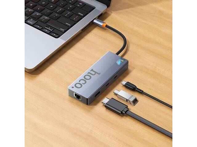 USB-хаб HOCO HB52 Wow 8-in-1 multi-function converter (HDTV+RJ45+SD/TF+PD+Type-C3.0+USB3.0*2) Deep Space Gray yL. - Фото 6